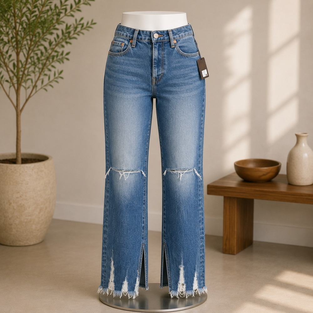 NWT One Teaspoon Jeans Womens 26 Blue Distressed Frayed Hem High Rise Denim